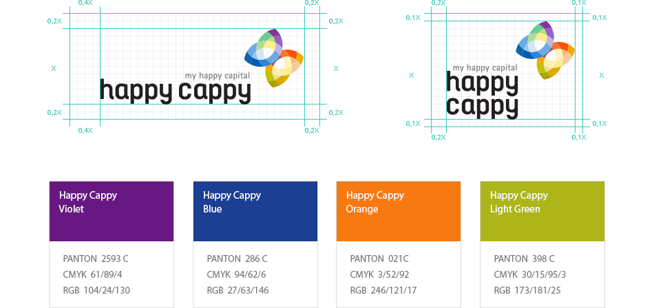 Happy Cappy Violet PANTON  2593 C CMYK  61/89/4 RGB  104/24/130, Happy Cappy Blue PANTON  286 C CMYK  94/62/6 RGB  27/63/146, Happy Cappy Orange PANTON  021C CMYK  3/52/92 RGB  246/121/17, Happy Cappy Light Green PANTON  398 C CMYK  30/15/95/3 RGB  173/181/25